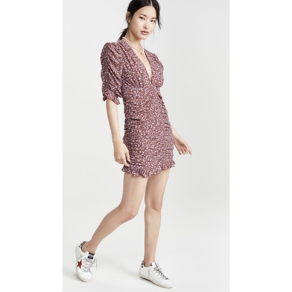 Re:Named Floral Print Ruched Ruffle Puff Sleeve Mini Dress Mauve Size Small
